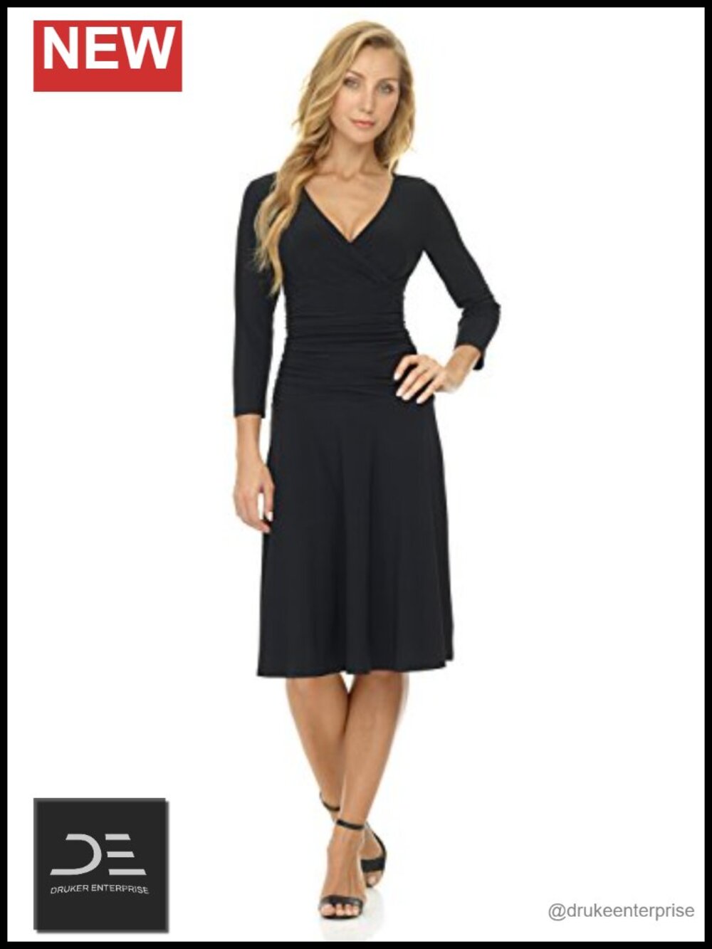 Slimming Fit and Flare Tummy Control 3/4 Sleeve Crossover Dress